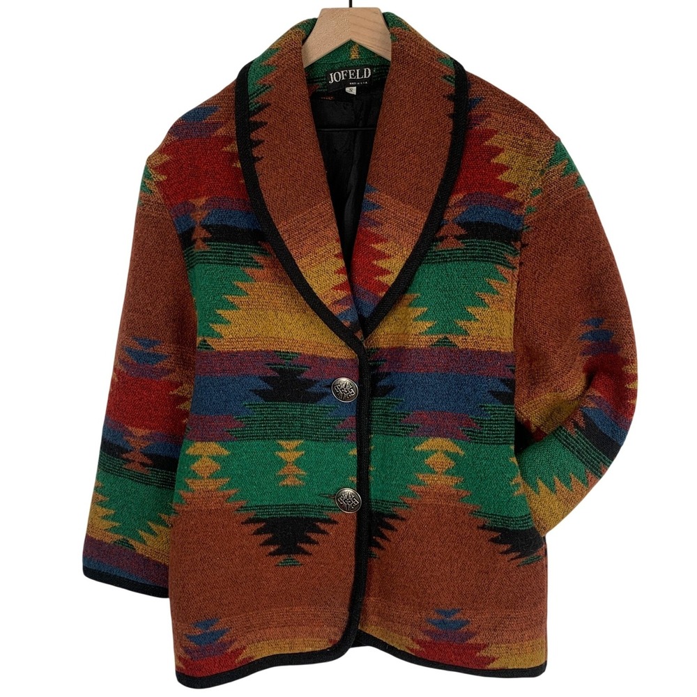 VTG JOFELD Southwestern Aztec Wool Blend Shawl Collar Blanket Coat Sz S Multi